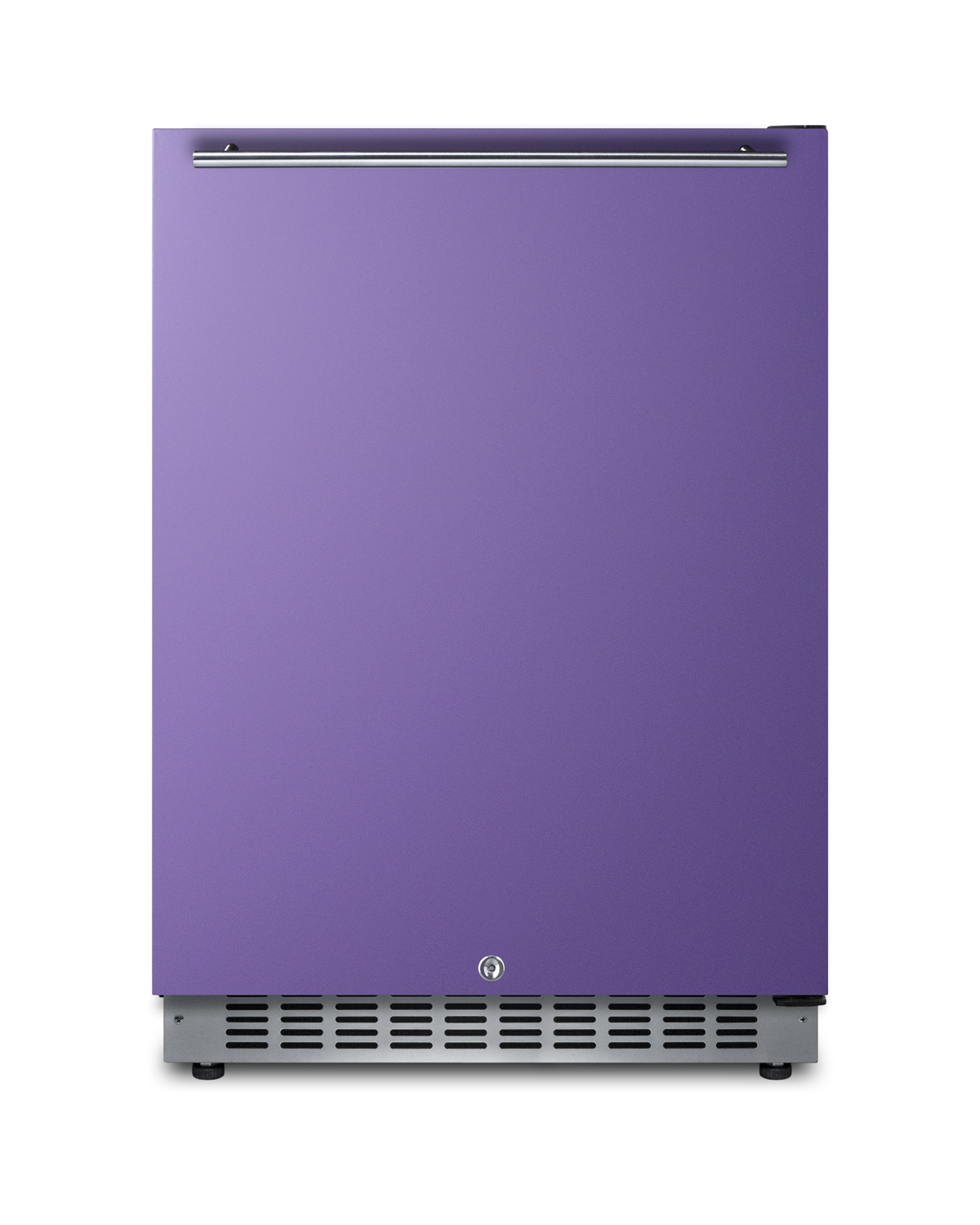 24 in. wide built-in undercounter ADA compliant all-refrigerator with lavender purpose door, stainless steel handle and kickplate, and black cabinet